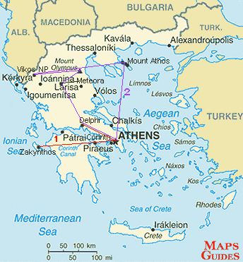 Greece - map. Itinerary 1: Athens (Acropolis - UNESCO + temples in Agora + 